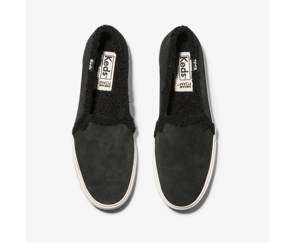 Keds Womens Slip Ons Black - Double Decker Suede Faux Shearling - 261JSLHIC